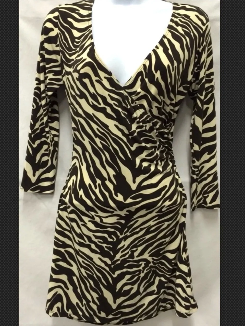 LAUNDRY By SHELLY SEGAL Dress Faux Wrap Animal Print V Neck Mini Sexy Brown